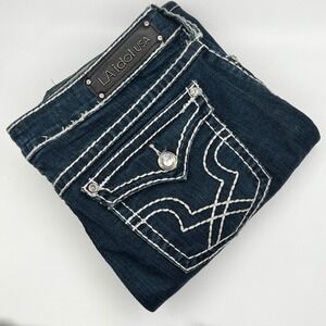 LA Idol USA Bootcut Jeans Womens 15 Dark Blue Good Rhinestone Thick Stitch‎ Y2K